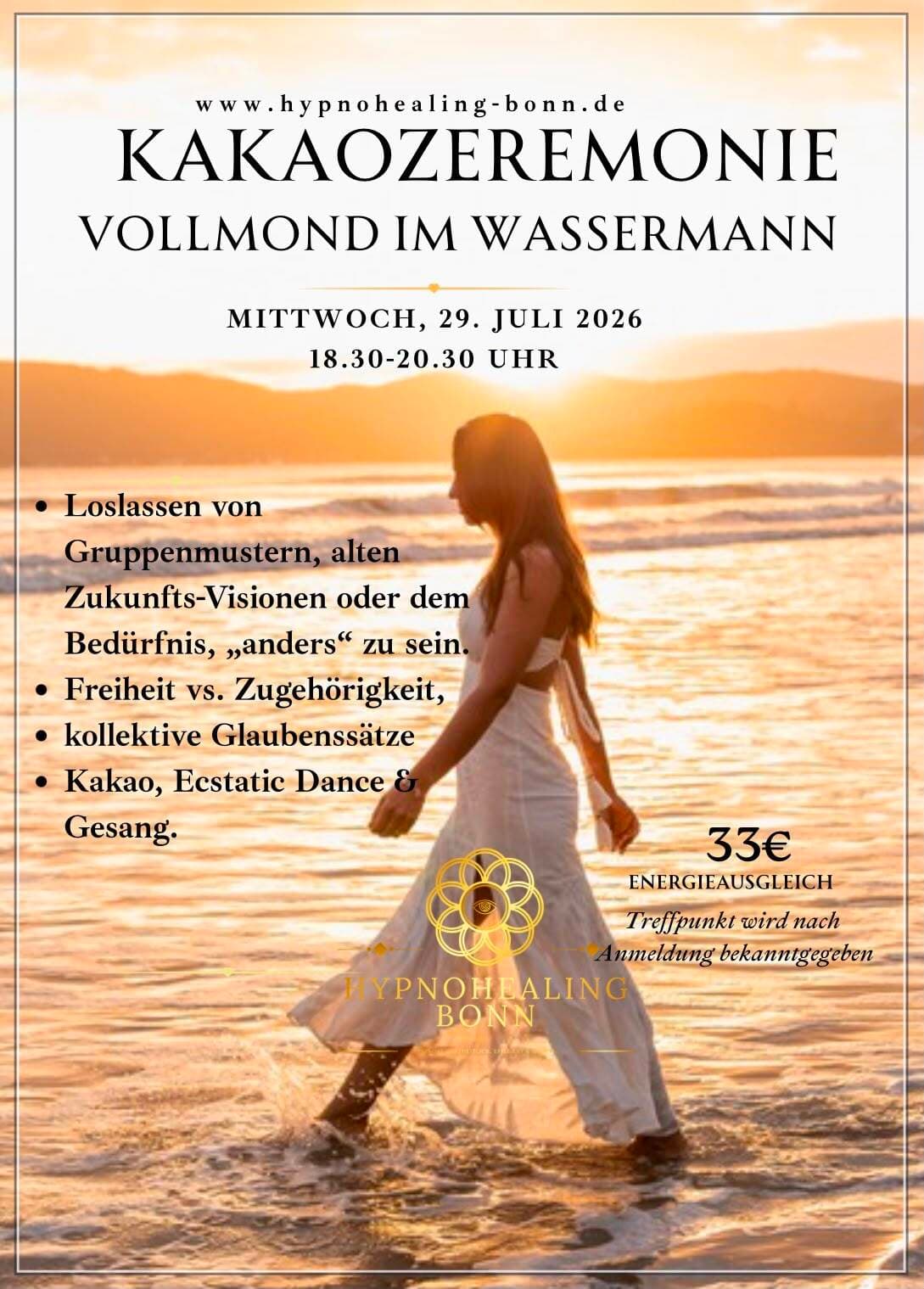 Flyer zur Kakao Zeremonie in Köln: Vollmond im Wassermann, Mittwoch 29. Juli 2026, 18:30–20:30 Uhr, Energieausgleich 33 €