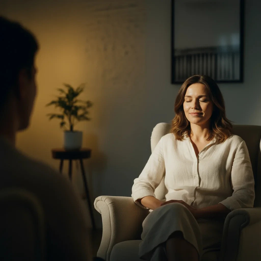 Kundin sitzt während einer Hypnose Session zur Rauchentwöhnung entspannt in Köln Bonn