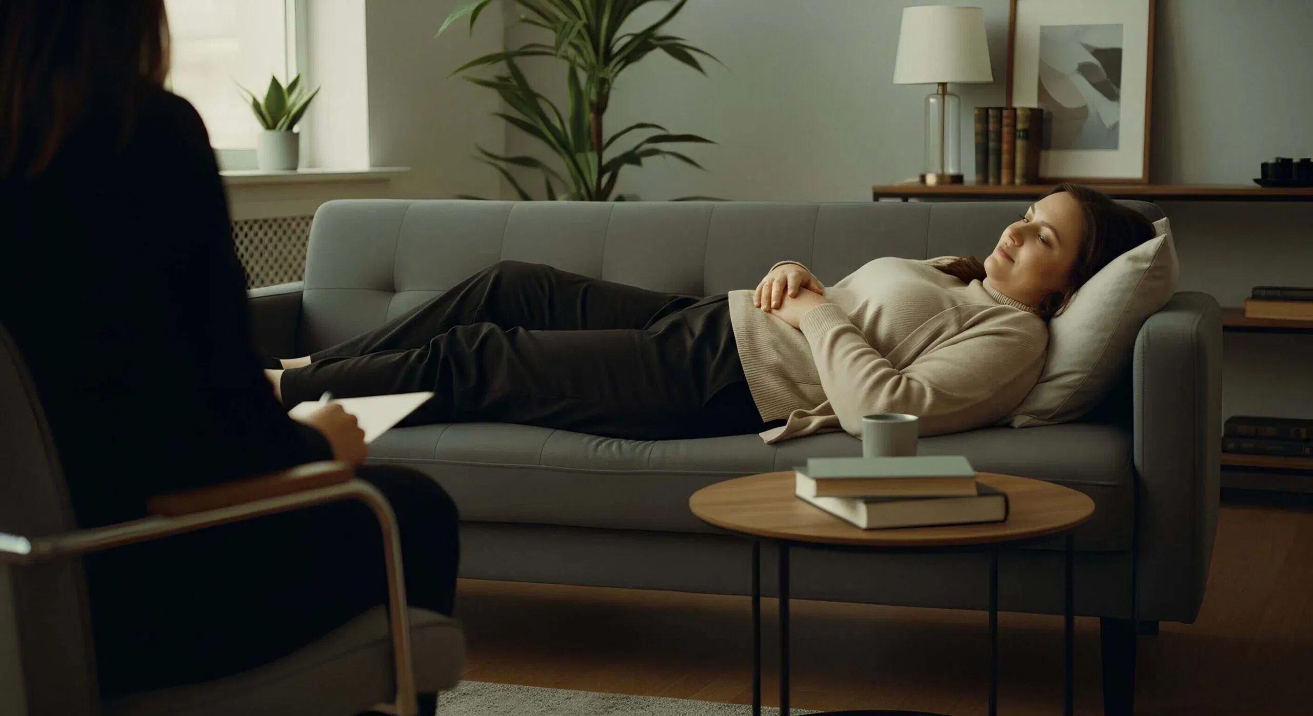 Frau liegt entspannt auf einer Couch während einer Hypnose-Sitzung in einer ruhigen Praxis. - Abnehmen mit Hypnose Köln