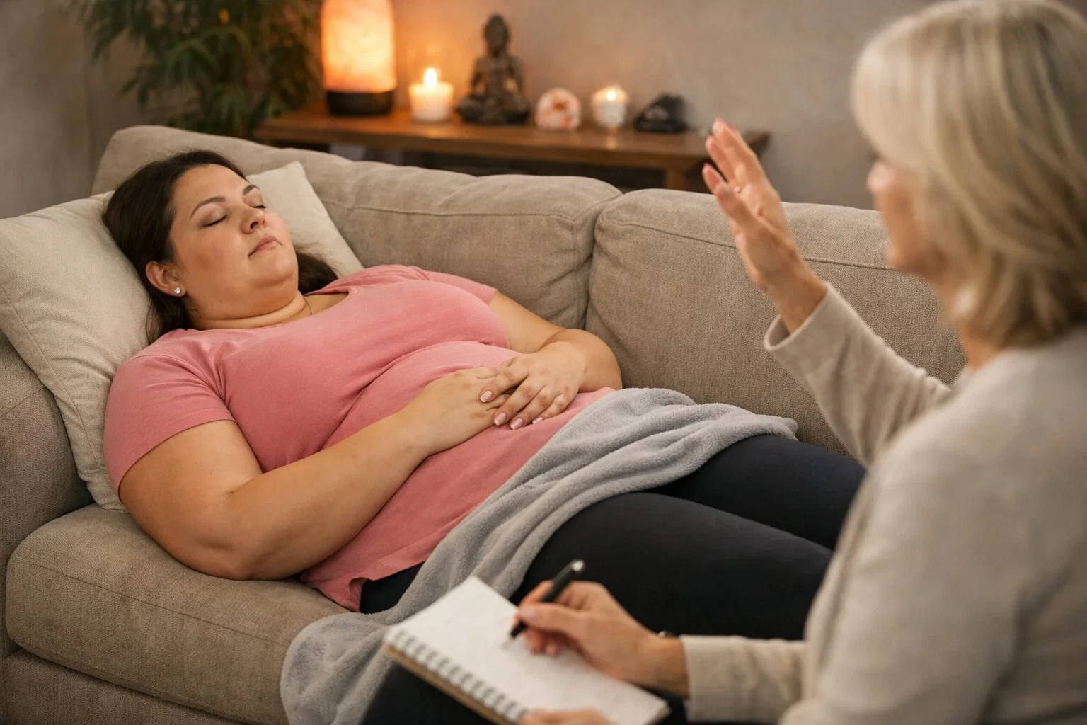 Frau liegt entspannt auf einer Couch während einer Hypnose Sitzung in einer ruhigen Privatpraxis